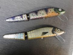 gold foiled and painted perch and golden shiner jointed muskie baits